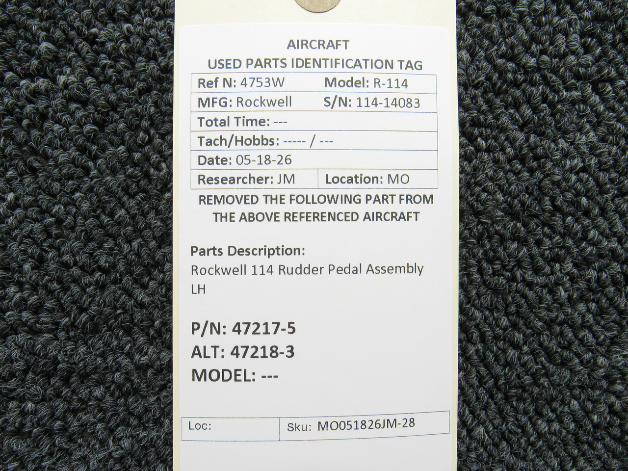 47217-5 (Cast: 47218-3) Rockwell 114 Rudder Pedal Assembly Left Hand