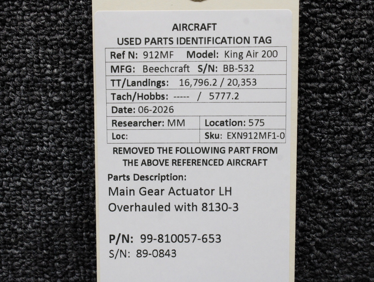 99-810057-653 Beechcraft KA-200 Main Gear Actuator LH Overhauled