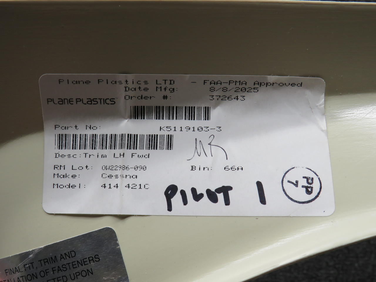 K5119103-3 Cessna 414 Plane Plastics Forward LH Window Trim