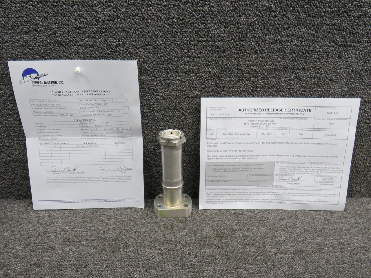 0541124-1 Cessna 210 Main Gear Axle with 8130-3 and PAI-PT-1 For Sale