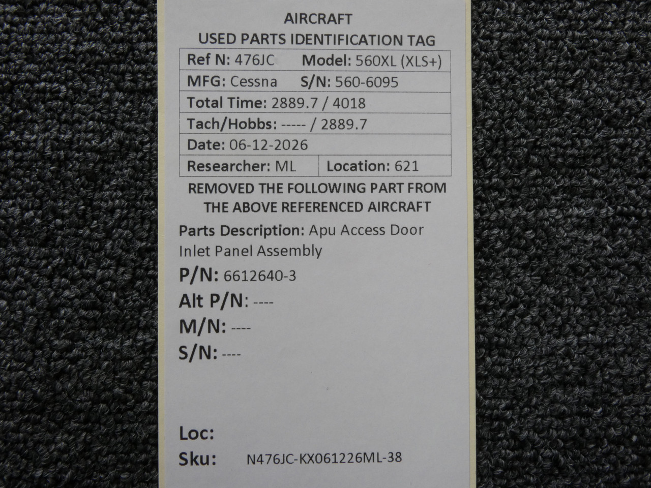 6612640-3 Cessna 560XL Citation XLS+ Apu Access Door Inlet Panel