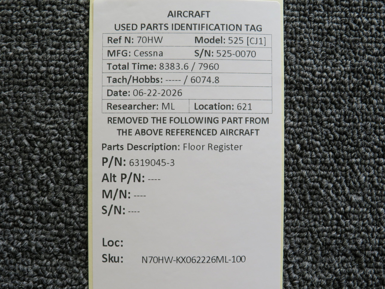 6319045-3 Cessna 525 Citation CJ1 Floor Register For Sale