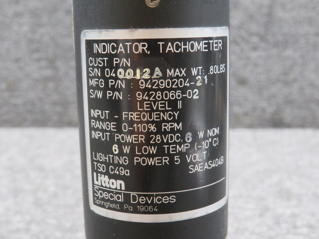 TDYページ 94290204-21 (Alt: 9428066-02) Litton Special Devices Tachometer