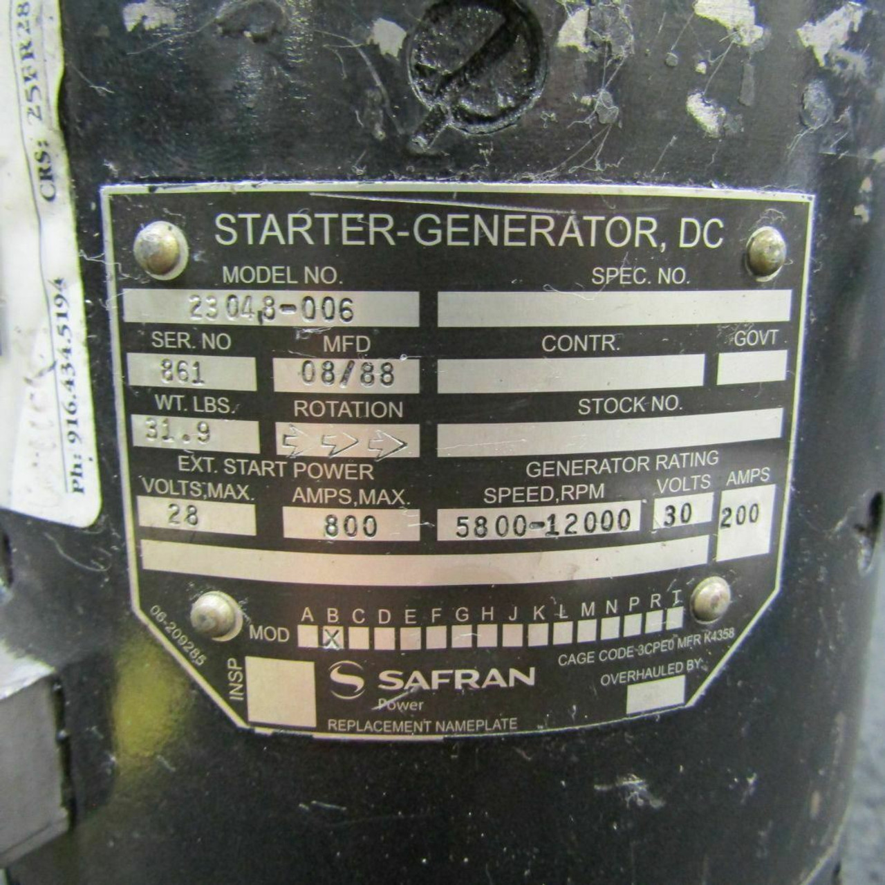 Starter Generator PA-31T TAG)(C20) YELLOW SERVICEABLE Safran 23048-006 (W/ Piper