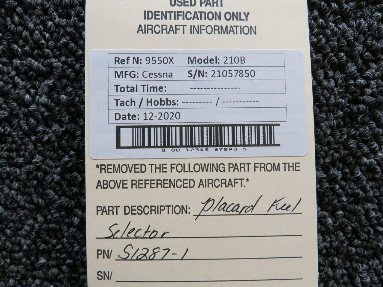S1287-1 Cessna 210B Placard -Fuel Selector For Sale