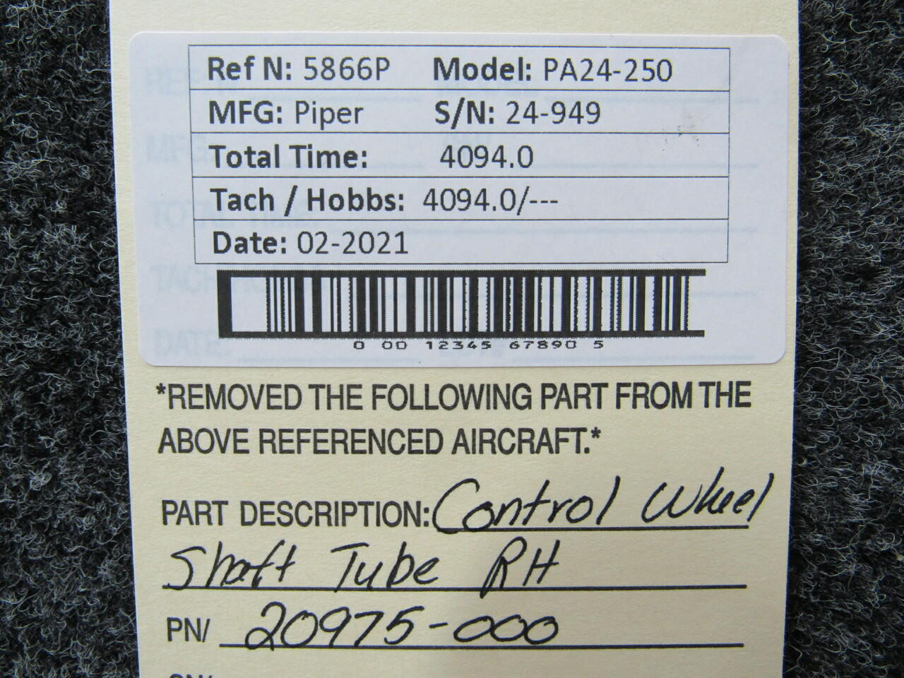 20975-000 Piper PA24-250 Control Wheel Shaft Tube RH