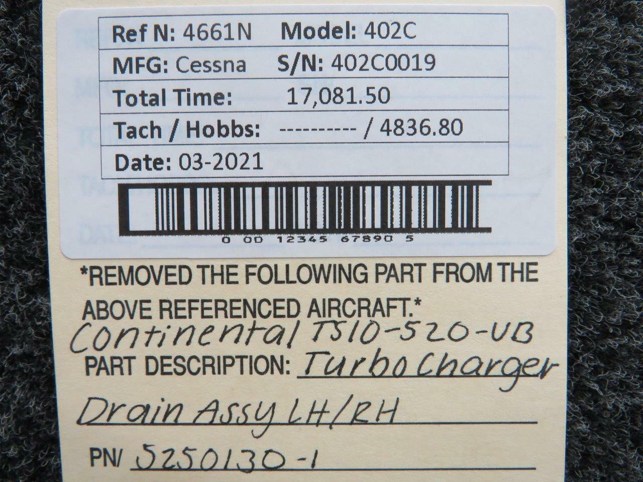 5250130-1 Cessna 402C Turbo Charger Drain Assembly LH/RH