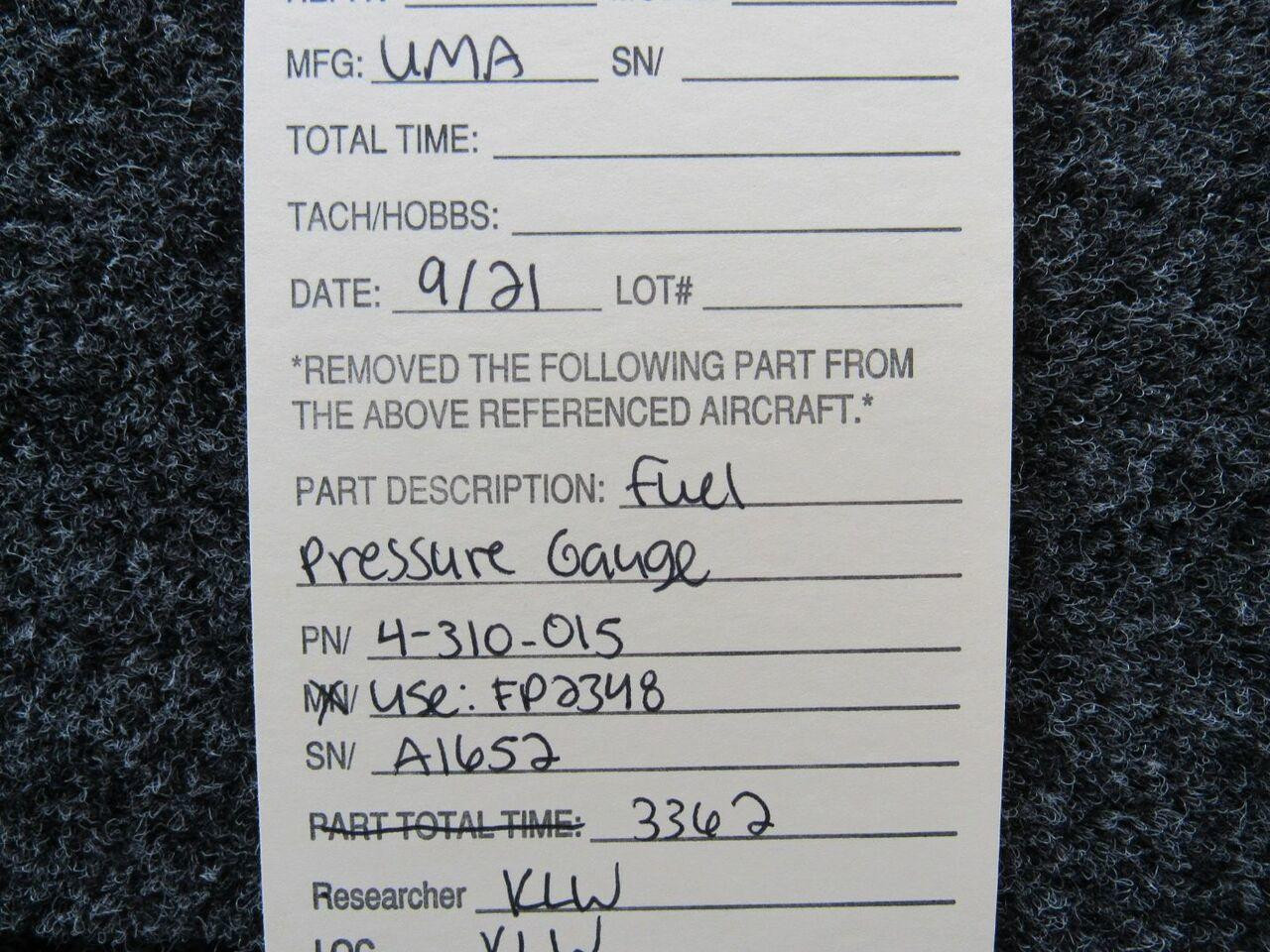 4310015 (USE FP2348) UMA Fuel Pressure Gauge (NEW OLD STOCK)