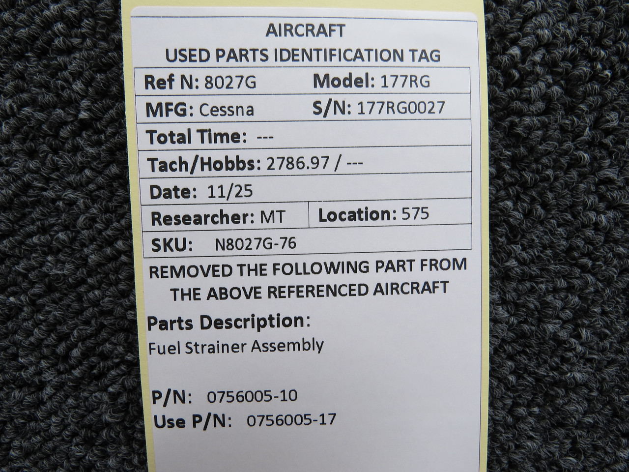 0756005-10 (Use: 0756005-17) Cessna 177RG Fuel Strainer Assembly