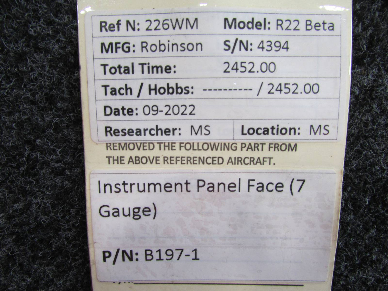 B197-1 Robinson R44 Instrument Panel Face For Sale