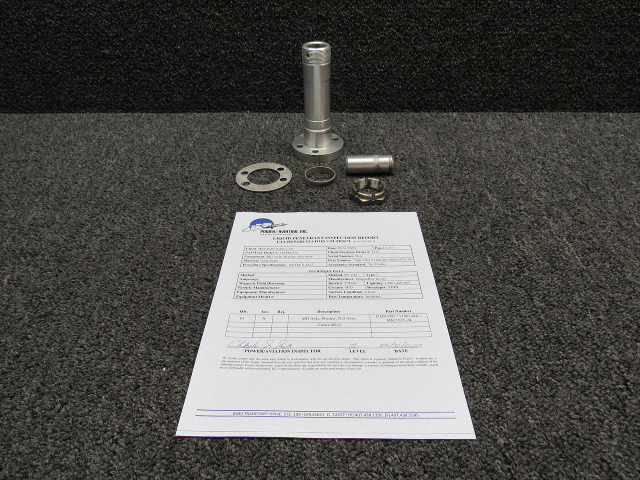 11661-001 / 11663-001 Cirrus SR22 Axle Assembly W/ Magnaflux and