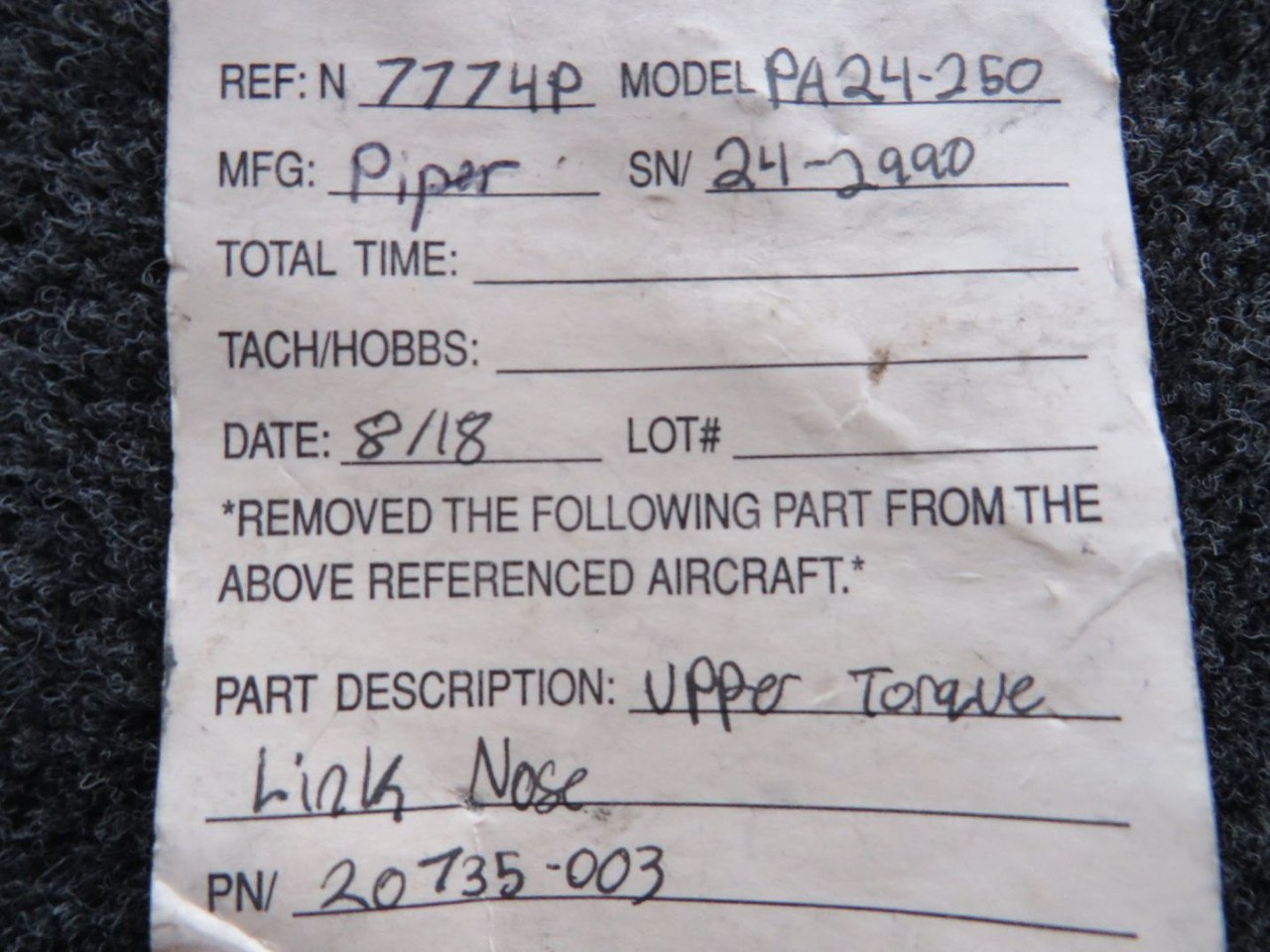 20735-003 Piper PA24-180 Link Assembly Main Gear Torque (Zinc Chromate)