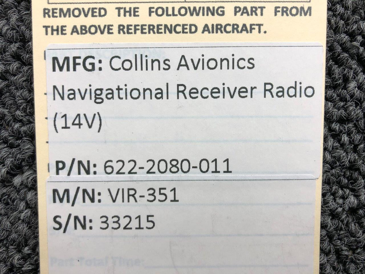 622-2080-011 Collins Avionics VIR-351 Navigational Receiver Radio