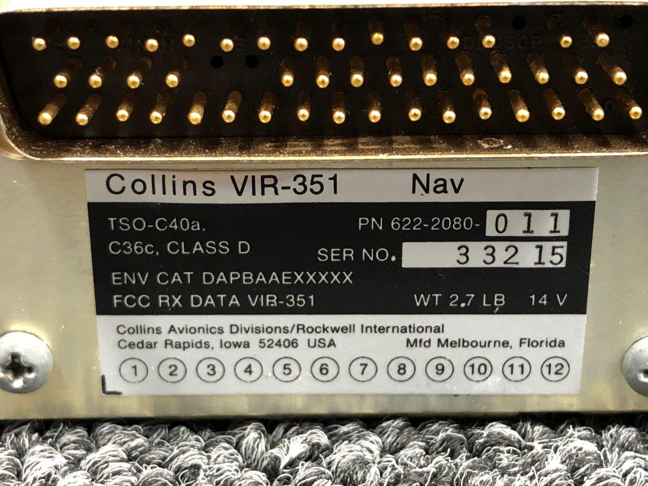 受信機 Collins RNAV ANS-351 TSO 622-2080-011 Collins Avionics VIR-351 Navigational Receiver Radio