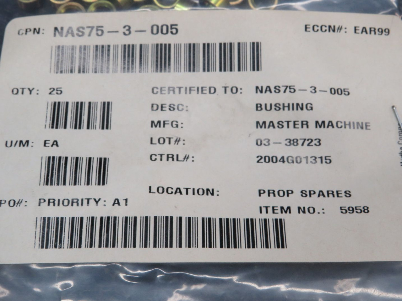 NAS75-3-005 Cessna Master Machine Bushing Set of 5, New Old Stock