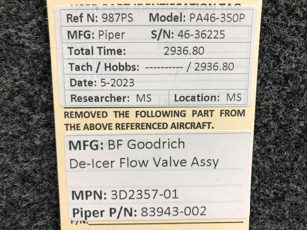 3D2357-01 (Alt PN: 83943-002) BF Goodrich De-Icer Flow Valve Assembly