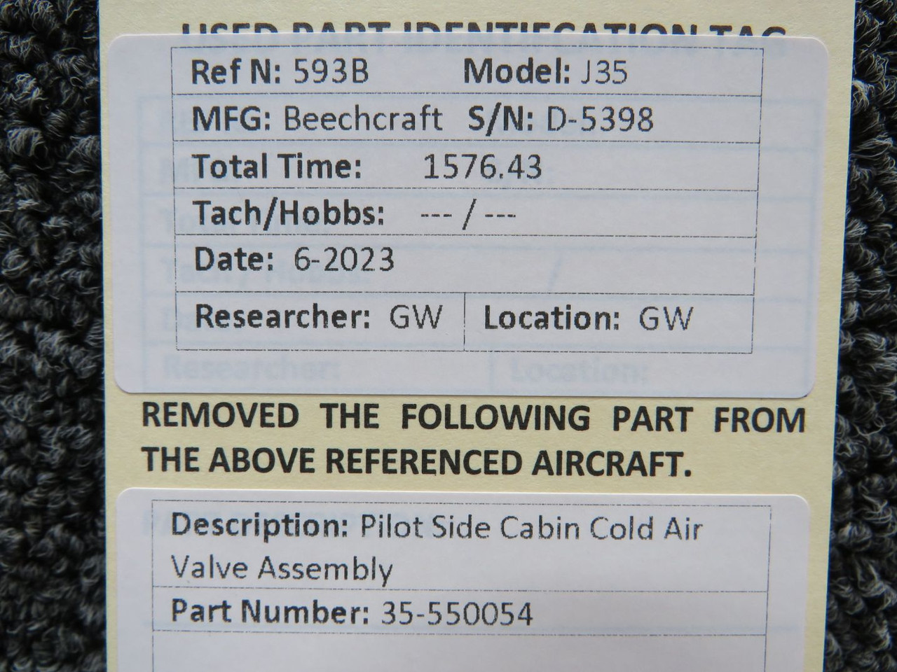 35-550054 Beechcraft J35 Pilot Side Cabin Cold Air Valve Assembly Unit