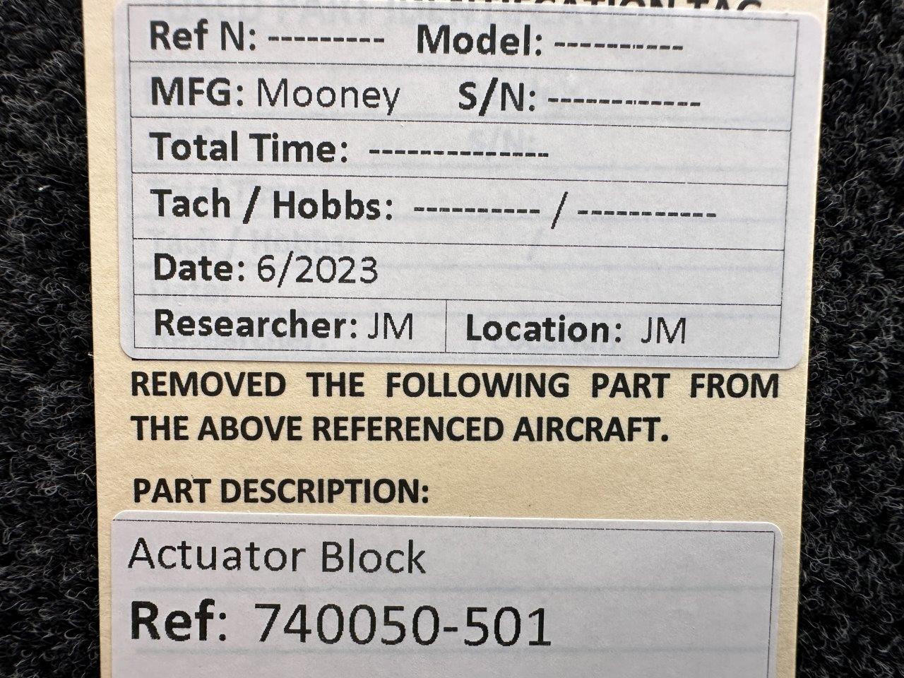 740050501 Mooney Actuator Block Mooney Aircraft Parts