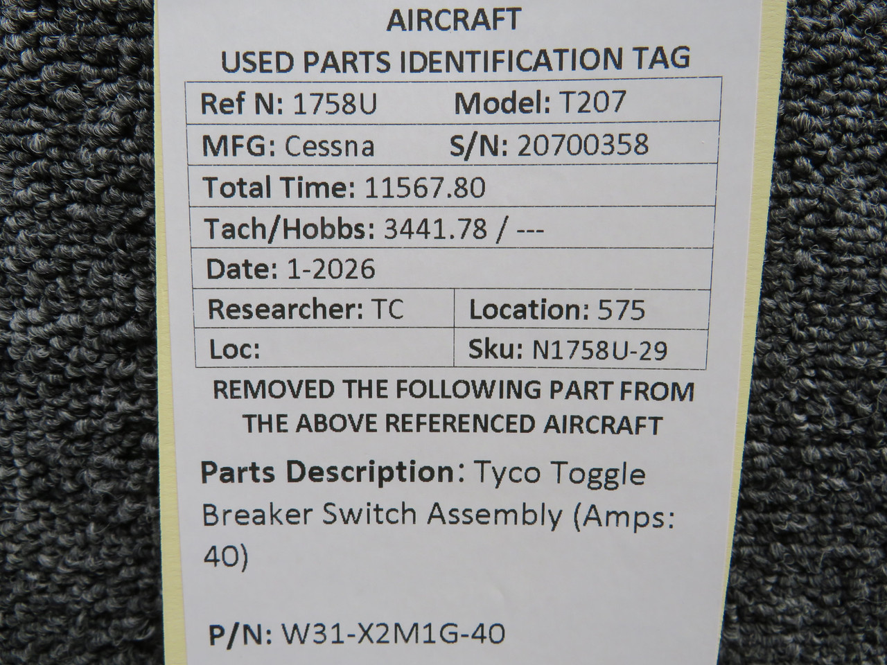 W31-X2M1G-40 Tyco Toggle Breaker Switch Assembly (Amps: 40) for Sale