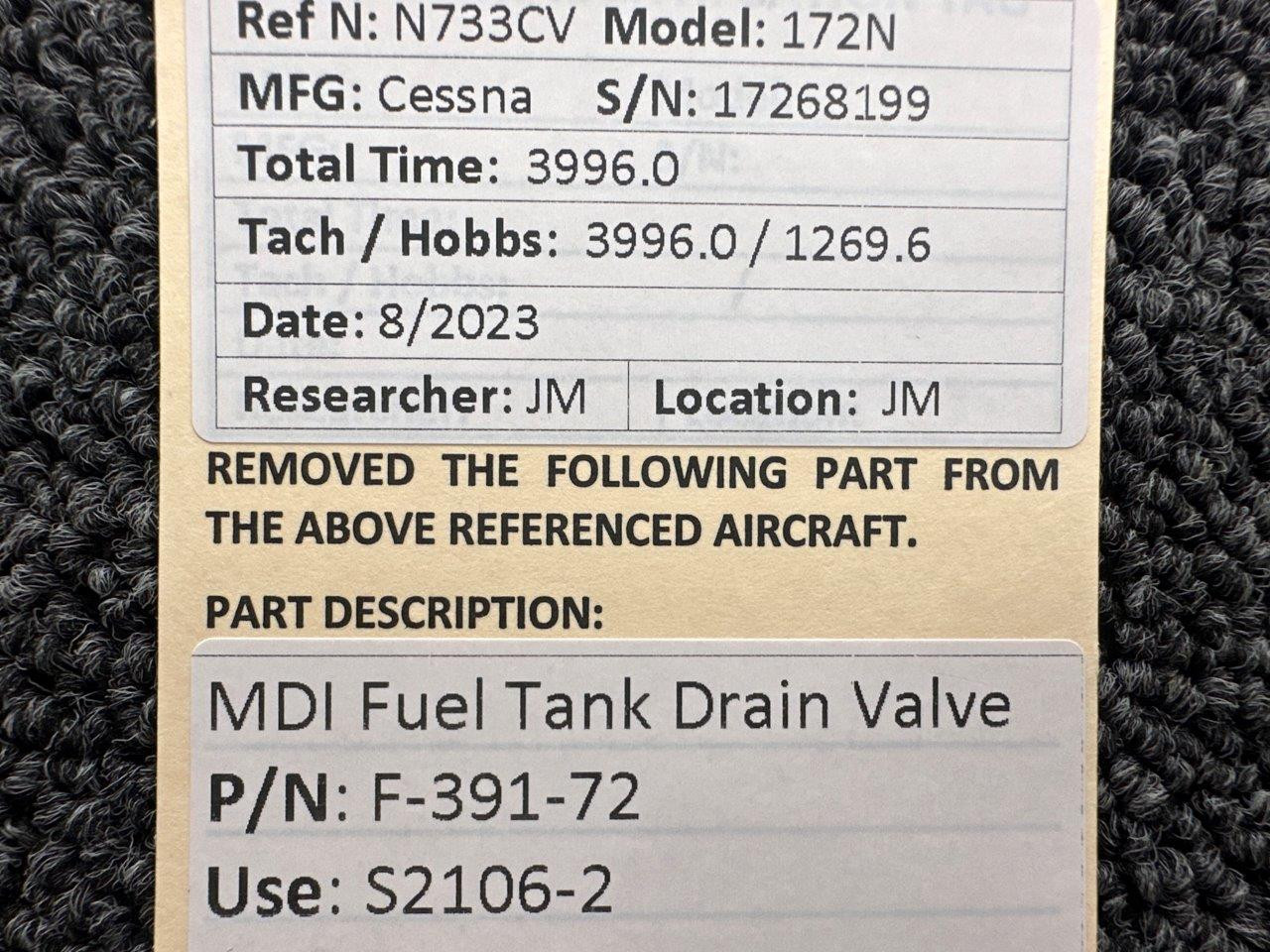 F39172 (Use Part Number S21062) MDI Fuel Tank Drain Valve