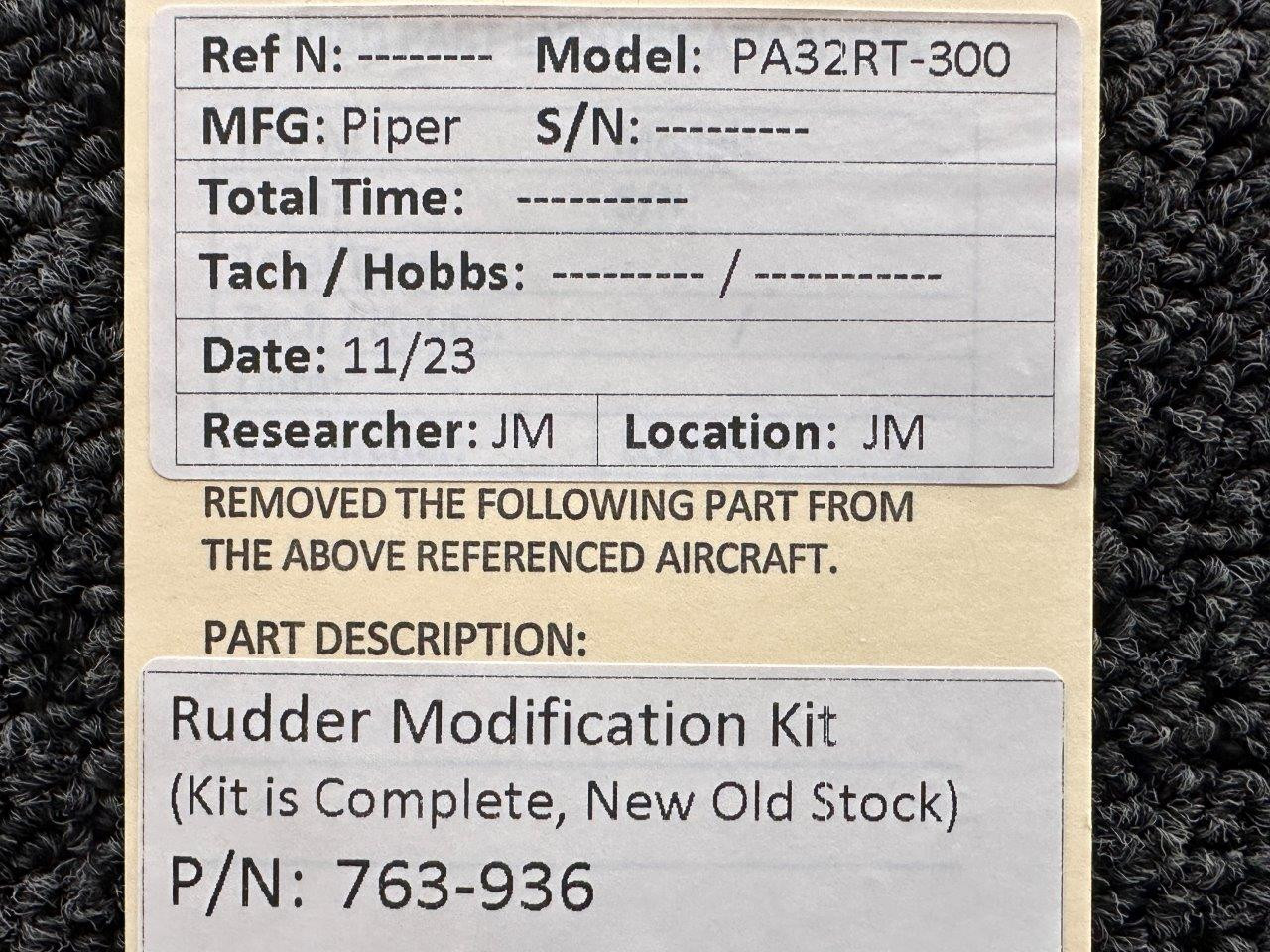 763-936 Piper PA32RT-300 Complete Rudder Modification Kit (New Old Stock)