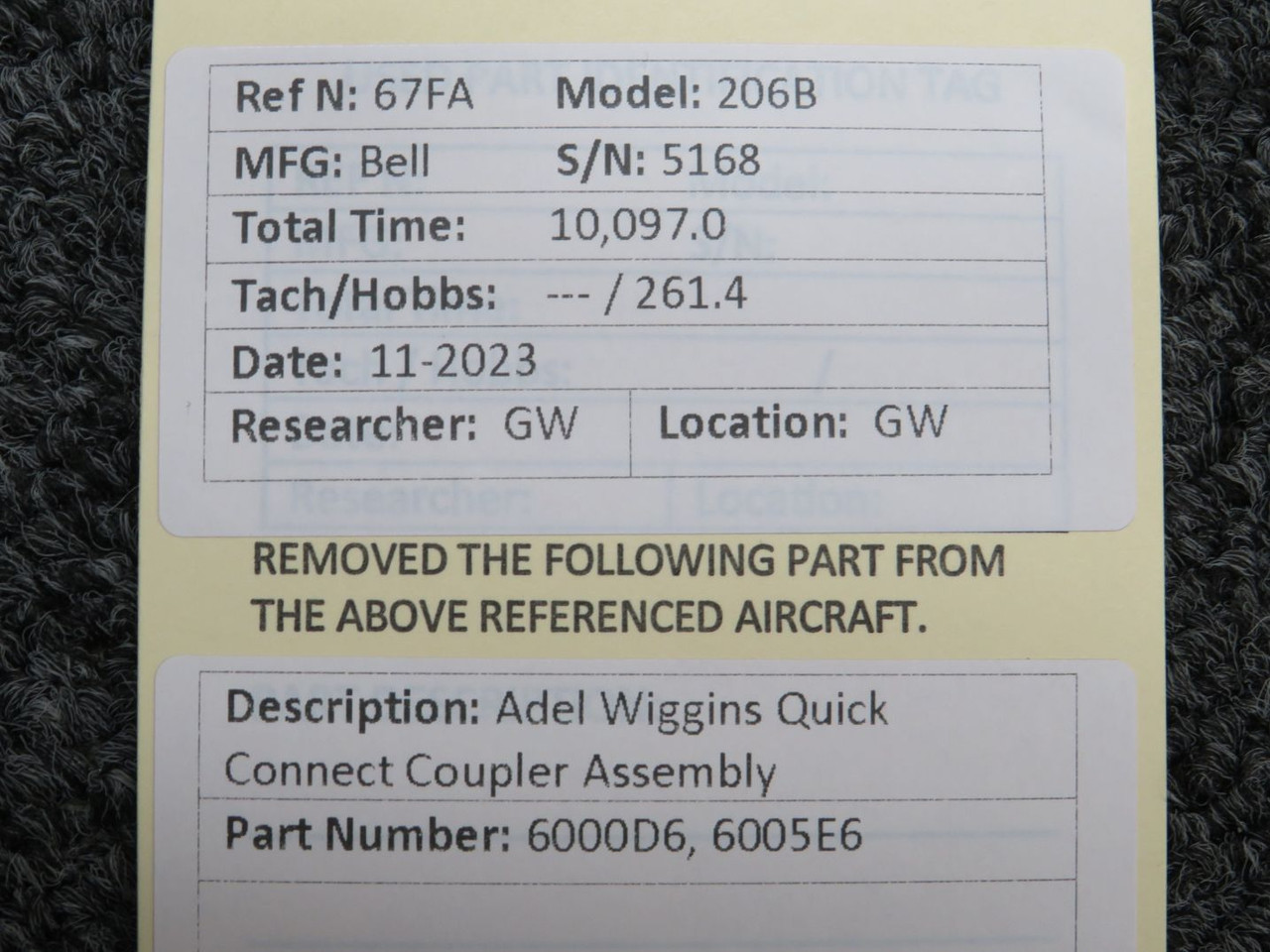 6000D6 and 6005E6 Bell 206B Adel Wiggins Quick Connect Coupler Assembly