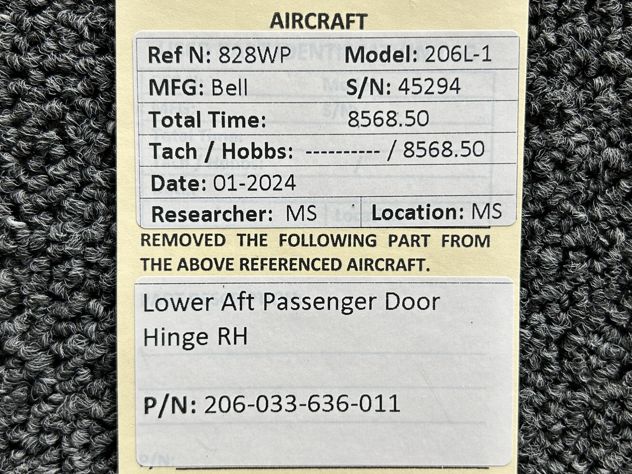 206-033-636-011 Bell 206L-1 Right Hand Lower Aft Passenger Door Hinge
