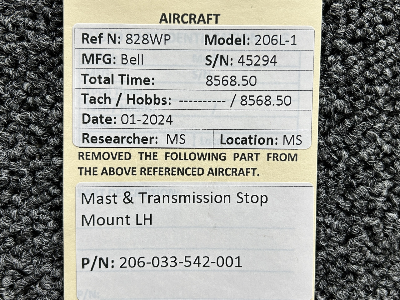 206-033-542-001 Bell 206L-1 Left Hand Mast and Transmission Stop Mount
