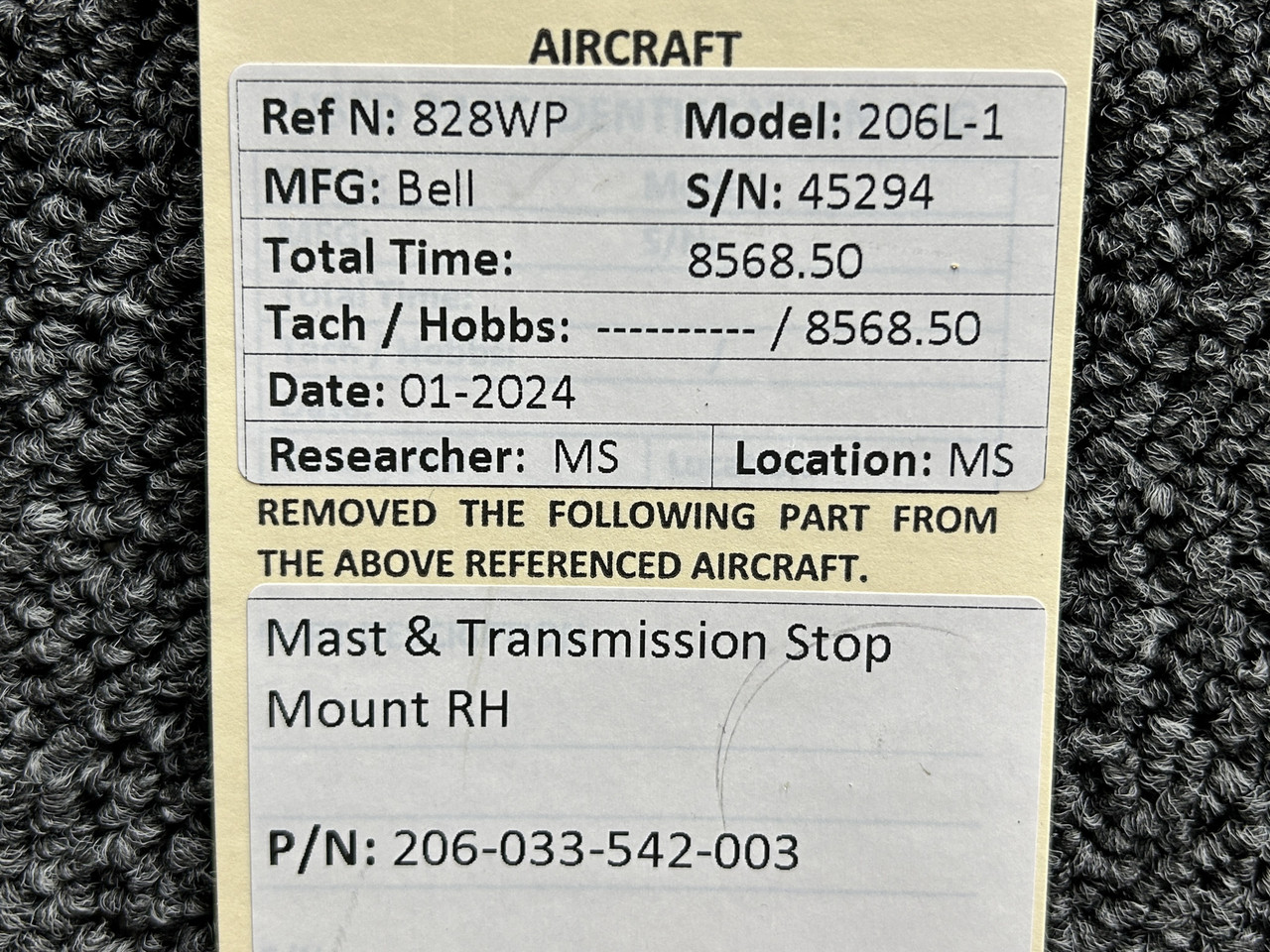 206-033-542-003 Bell 206L-1 Right Hand Mast and Transmission Stop