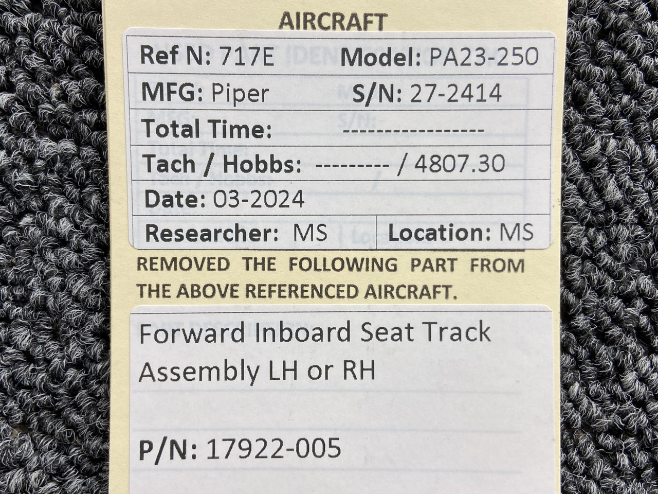 17922-005 Piper PA23-250 Forward Inboard Seat Track Assembly RH or LH