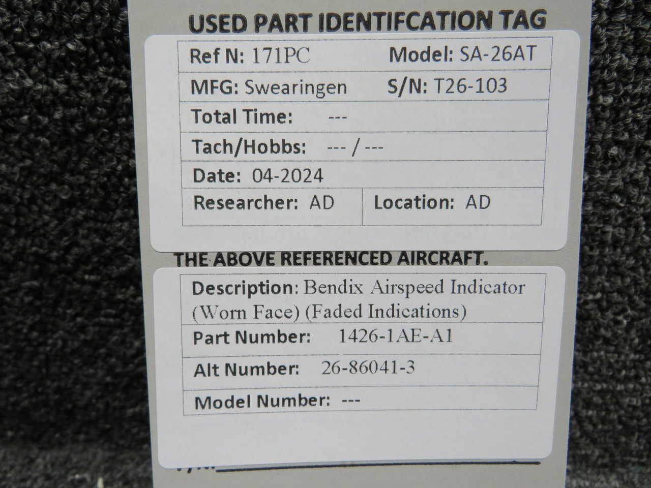 1426-1AE-A1 Bendix Airspeed Indicator (Worn Face and Faded