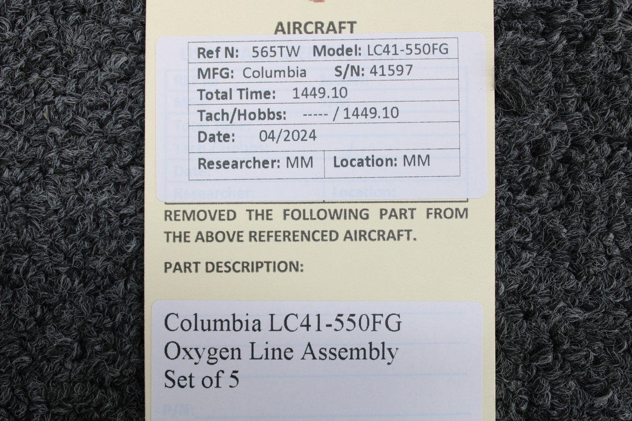 Columbia LC41550FG Oxygen Line Assembly Set of 5 For Sale