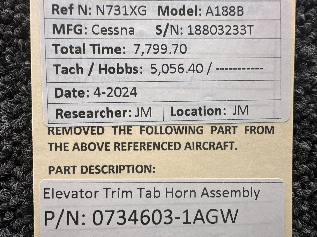 0734603-1AGW Cessna A188B Elevator Trim Tab Horn Assembly For Sale