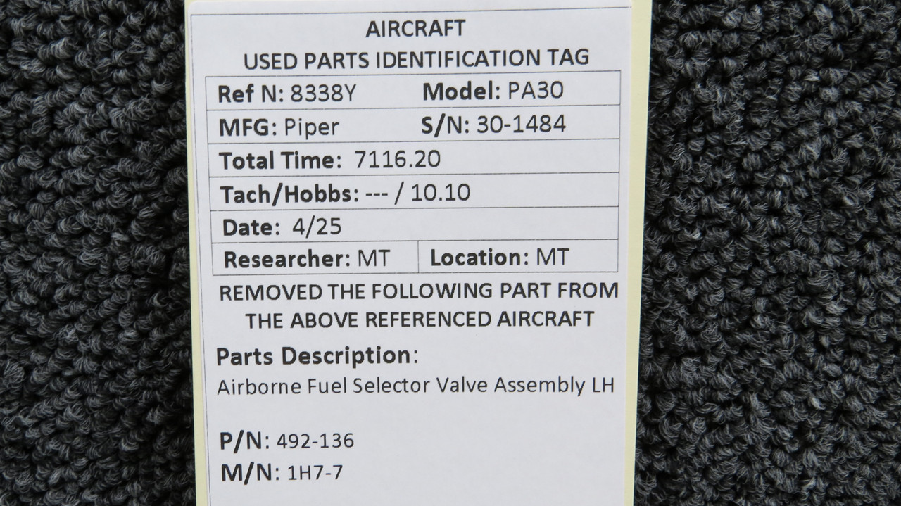 492-136 Airborne 1H7-7 Left Hand Fuel Selector Valve Assembly