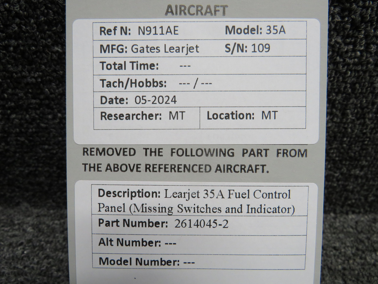 2614045-2 Learjet 35A Fuel Control Panel (Missing Switches