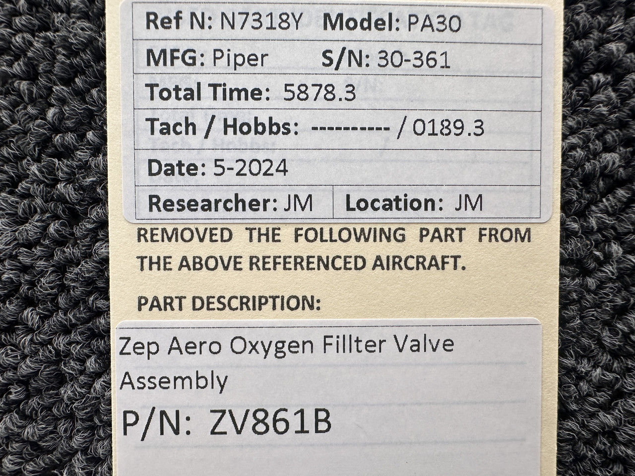 ZV861B Zep Aero Oxygen Filter Valve Assembly | BAS Airplane Parts