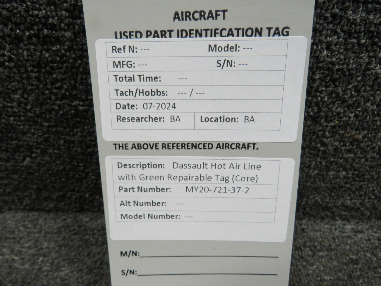 MY20-721-37-2 Dassault Hot Air Line Core Assembly with Green