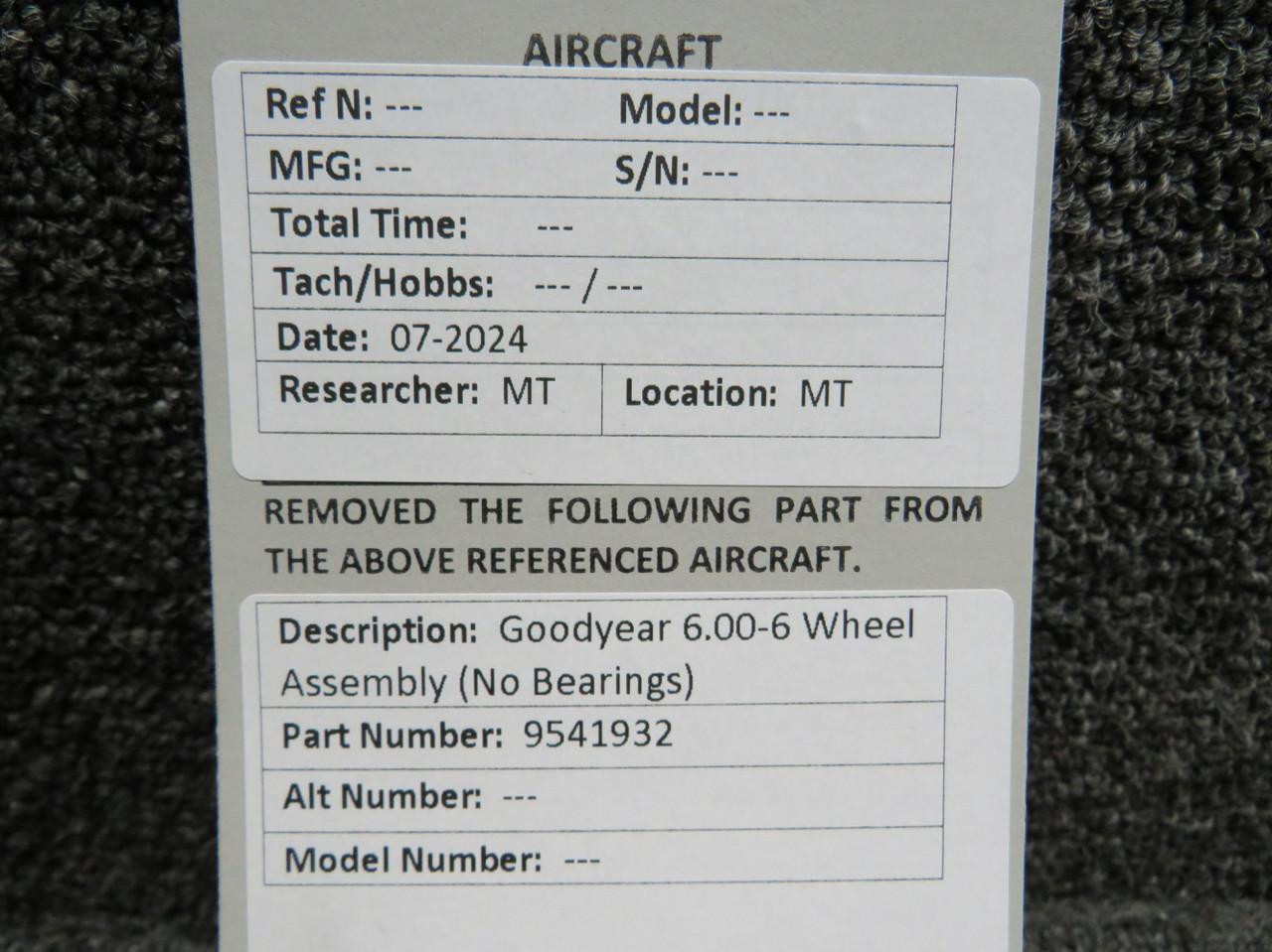 9541932 (Beech P/N: 169-300001-1) Goodyear 6.00-6 Wheel Assembly