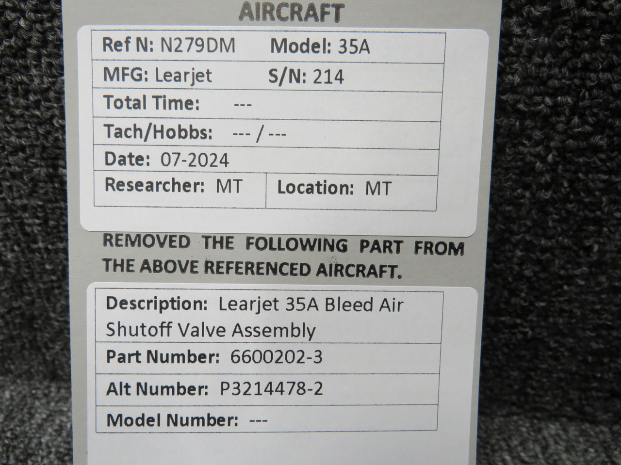 6600202-3 (Alt PN: 3214478-2) Learjet 35A Bleed Air Shutoff Valve