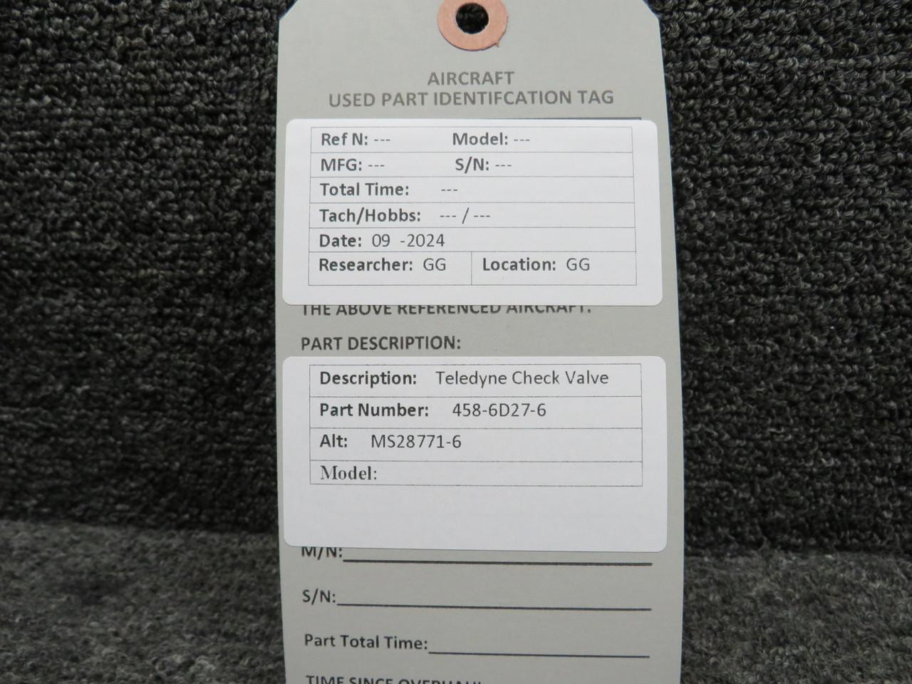 458-6D27-6 (Alt: MS28771-6) Teledyne Check Valve Unit