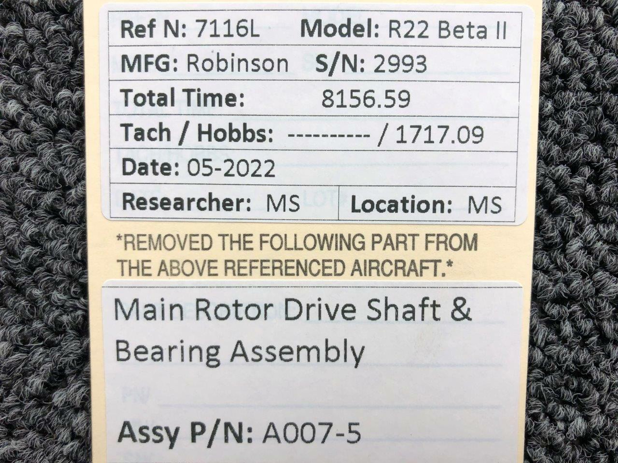 A0075 Robinson R22 Main Rotor Drive Shaft & Bearing Assembly