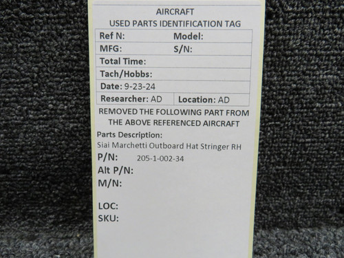 205-1-002-34 SIAI-Marchetti Outboard Hat Stringer RH For Sale