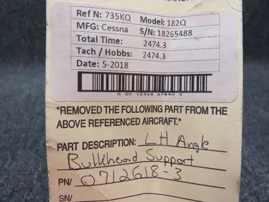 0712618-3 Cessna 182Q LH Angle Bulkhead Support