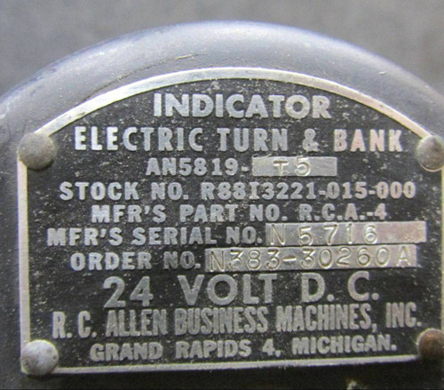 RCA-4 RC Allen Electric Turn and Bank Indicator (Volts: 28)