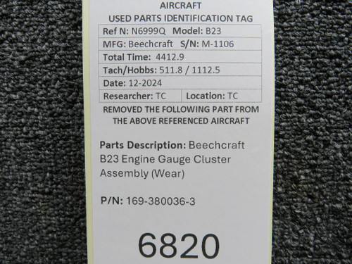 169-380036-3 Beechcraft B23 Engine Gauge Cluster Assembly (Has Wear)
