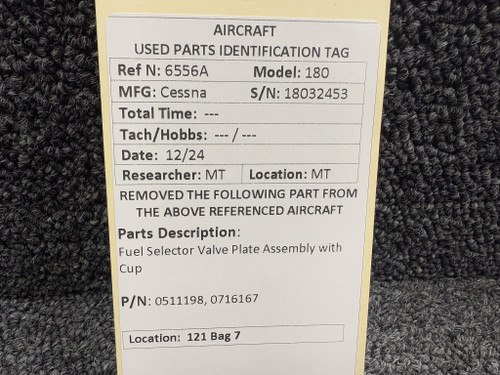 0511198, 0716167 Cessna 180 Fuel Selector Valve Plate Assembly with Cup