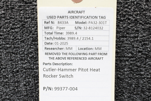 99377-004 Piper PA32-301T Cutler-Hammer Pitot Heat Rocker Switch Unit