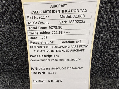 Cessna Aircraft Parts 0411263-5AGW, 0411263-6AGW (Use: S1674-1) Cessna Rudder Pedal Bearing Set of 4 
