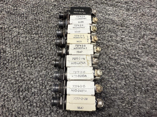 Klixon 7274-2-1, 7274-2-20 Klixon Push Circuit Breaker Set of 9 (Various Amps: 1-20) 