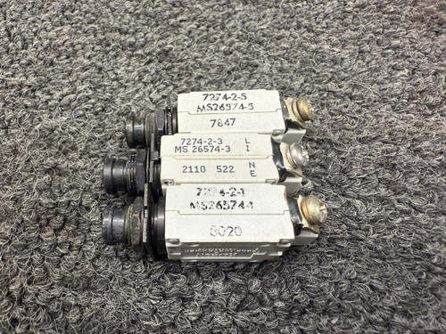 Klixon 7274-2-1, 7274-2-3, 7274-2-5 Klixon Push Circuit Breaker Set of 9 (Amps: 1, 3, 5) 